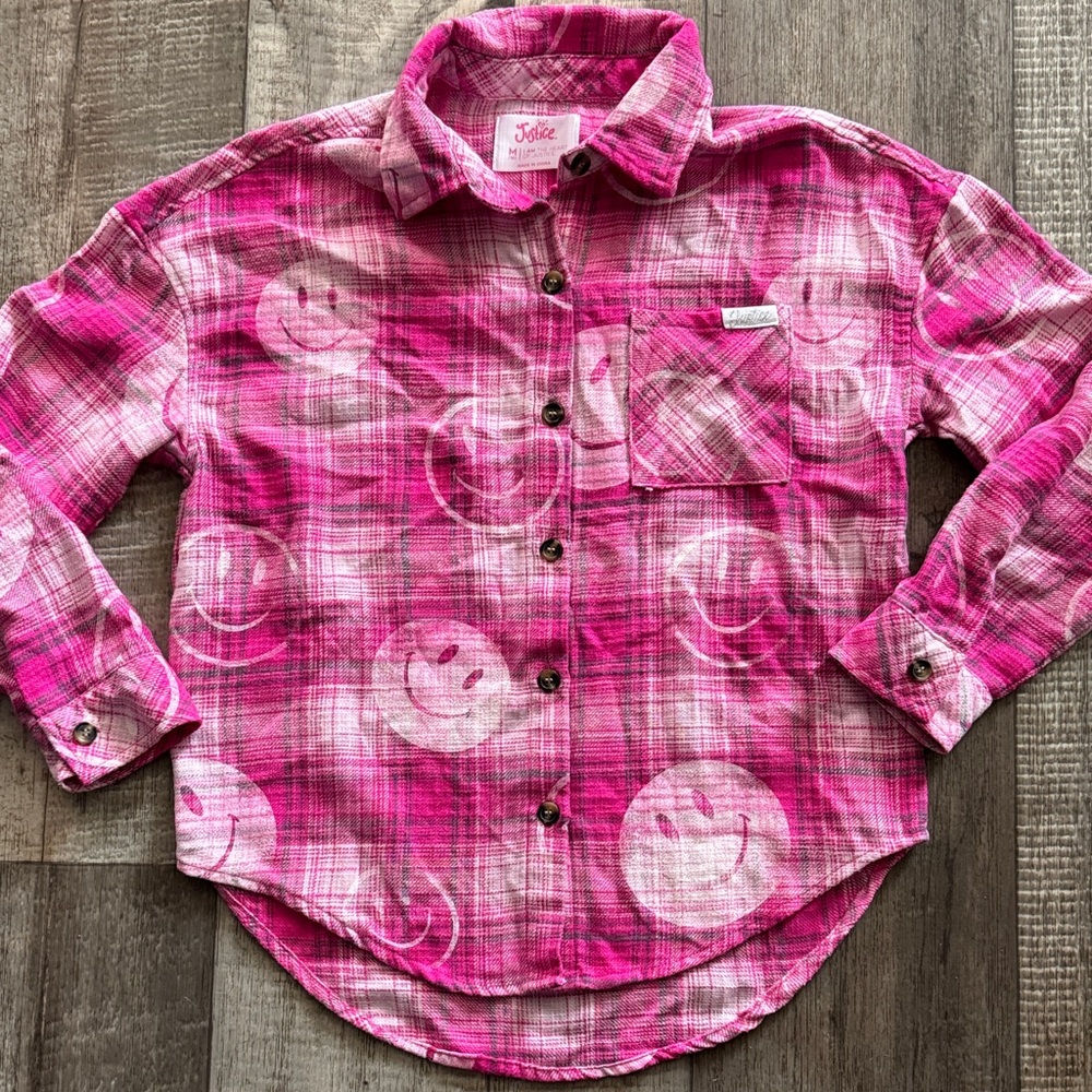 JUSTICE  Pink Plaid Button Down Shirt- size 10